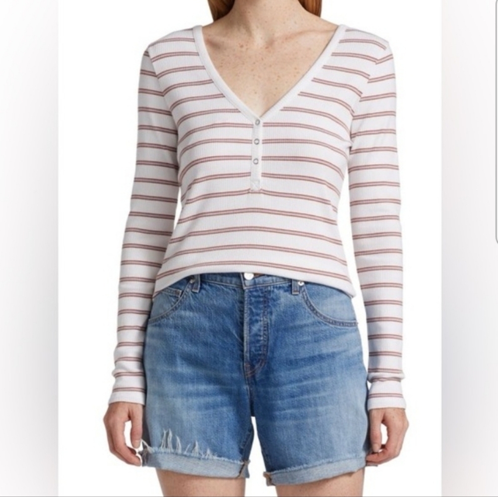 NWT Veronica Beard Tal Henley Elegant Striped V-Neck Long Sleeve Top L